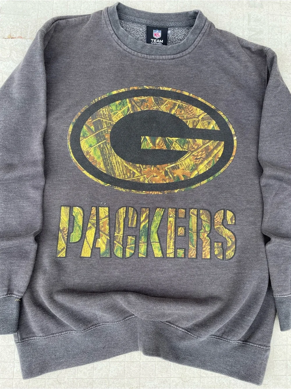 NFL Gray Crewneck Sweatshirt with Green Camo Packers Logo